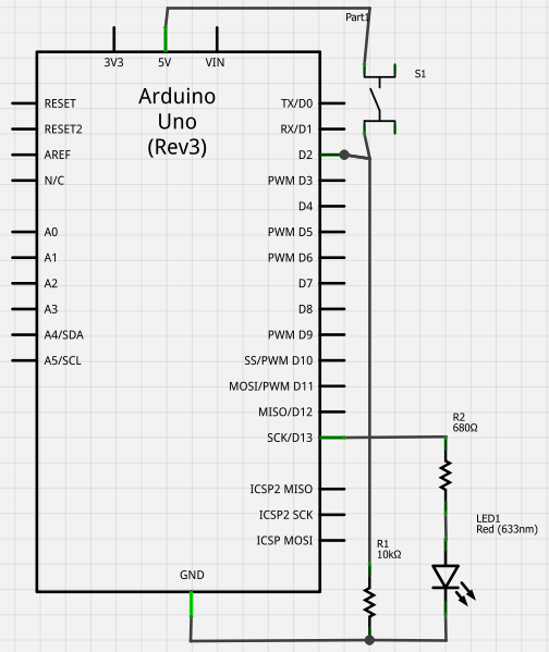 LED og trykknap til Arduinoen som diagram