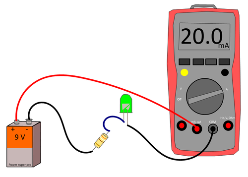 Måling af strømstyrken gennem kredsløbet. Multimetret indsættes i serie med kredsløbet.